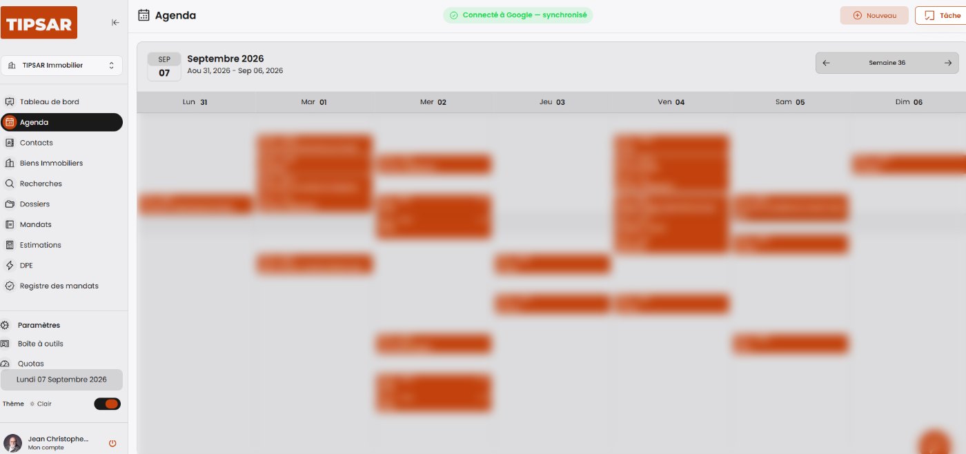 Agenda hebdomadaire TIPSAR synchronisé avec Google, contenu des rendez-vous flouté