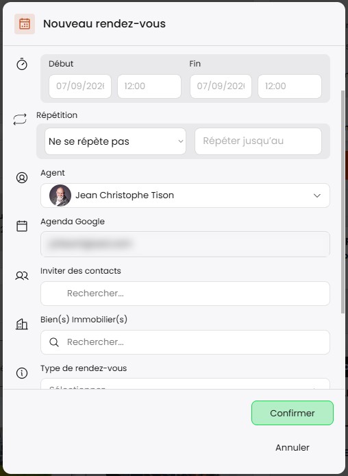 Fenêtre Nouveau rendez-vous : dates, répétition, agent, agenda Google, contacts invités, biens et type de rendez-vous
