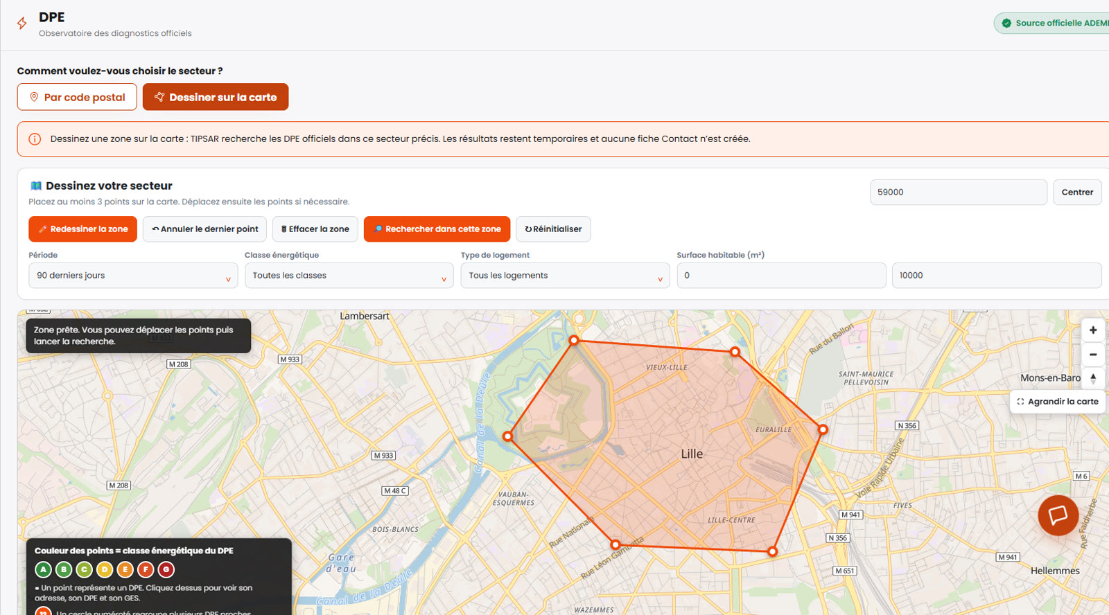 Observatoire des DPE dans TIPSAR : zone dessinée sur la carte de Lille, filtres période, classe énergétique, type de logement et surface