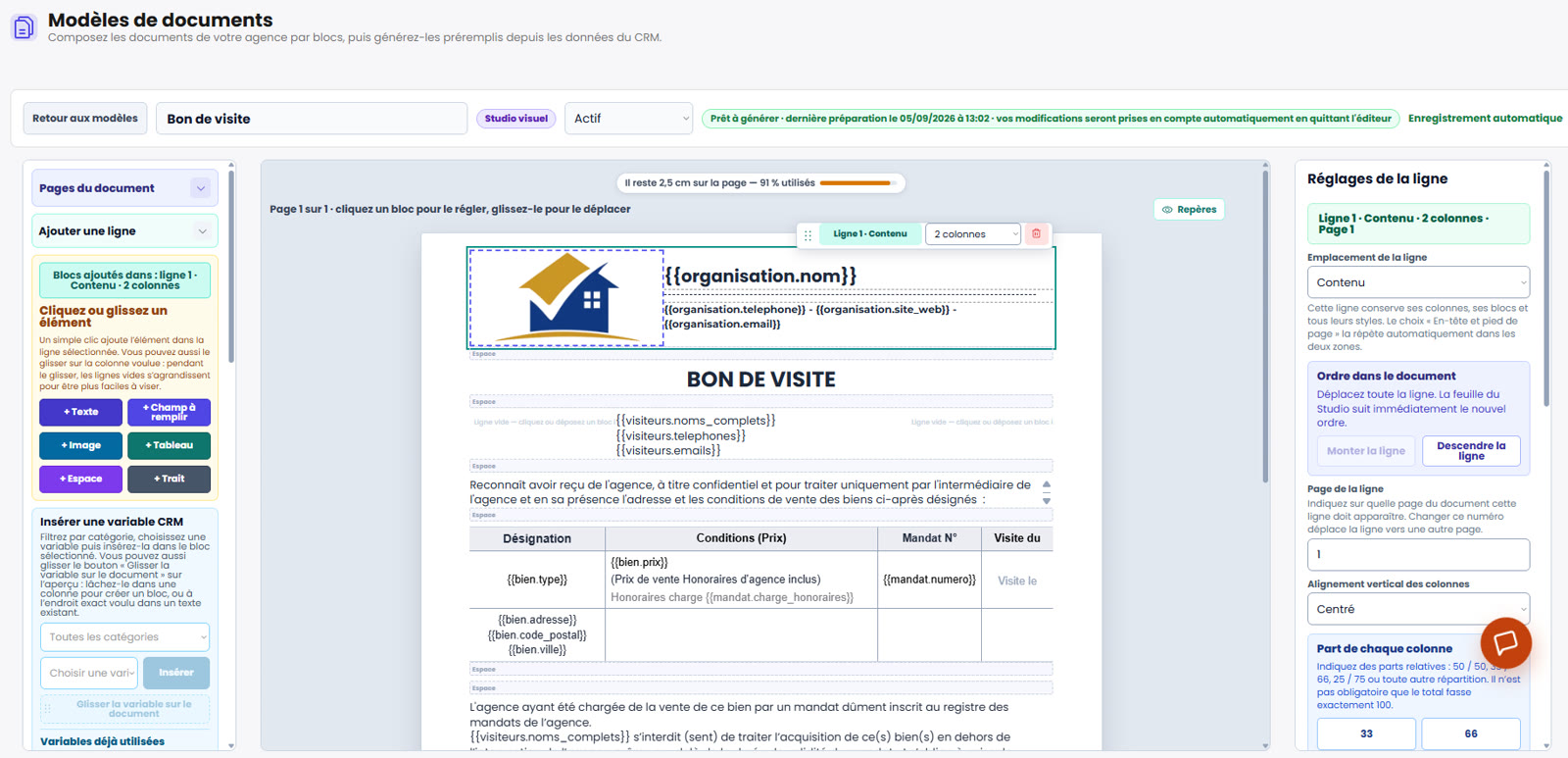 Studio visuel de TIPSAR : bon de visite composé par blocs avec variables CRM, tableau et réglages de ligne