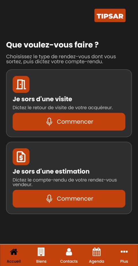 Accueil mobile TIPSAR : je sors d'une visite ou d'une estimation, bouton Commencer avec micro