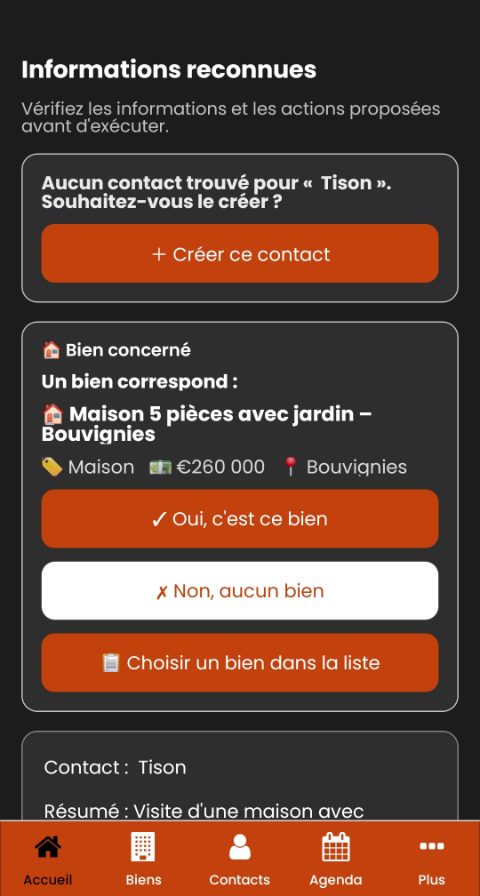 Écran Informations reconnues : création du contact proposée et bien correspondant trouvé