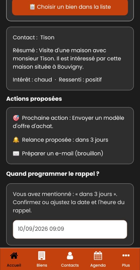 Résumé de la visite, intérêt chaud, actions proposées et date de rappel